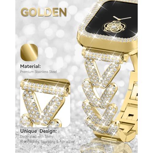 Rhinestones Encrusted Metal Bracelet and Case, Compatible with Apple Watch Bands 38mm-49mm (Series 11/10/1/SE/Ultra 2)- Bling Gold Women's Jewelry Strap, Luxury iWatch Bracelet