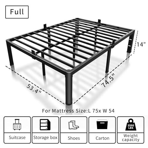 14 inch Full Size Bed Frame with Headboard Hole and Round Corner Legs Mattress Retainers 3500LBS Heavy Duty Steel Slats No Box Spring Needed Platform Noise-Free Underneath Storage
