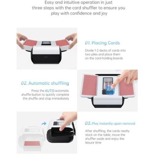 Card Shuffler Automatic 1-2 Deck Electric Shuffling Machine Portable with 2000mAh Rechargeable Battery Low Noise for Cards Game, UNO, Poker, Phase 10, Skip-Bo, Texas Hold'em, Blackjack
