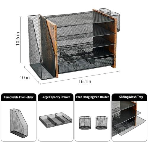 Wood Desk Organizers and Accessories with File Organizer, 5-Tier Paper Organizer with Drawer & Pen Holder, Office Desk Accessories, Workspace Desktop Storage for Office Supplies Organization（Brown）