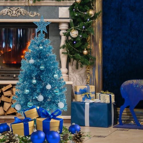 SUNSHINE DECOR Blue Christmas Tree with Light 3ft Artifical Full Christmas Tree with Ball & Star Ornaments 8 Lighting Modes for Holiday Decor