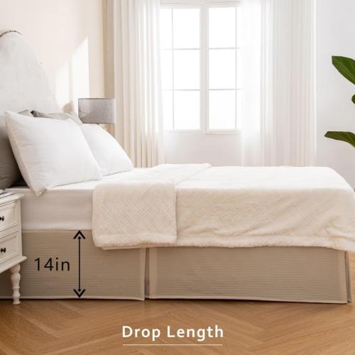 MIYE Pleated Waffle Weave Bed Skirt, Tailored Dust Ruffle 14 Inch Drop Easy Fit, Machine Washable,No Split Corners (Beige, Queen - 14 Drop)