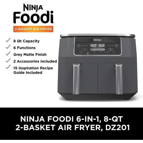 Ninja DZ201 Foodi 8 Quart 6-in-1 DualZone 2-Basket Air Fryer with 2 Independent Frying Baskets, Match Cook & Smart Finish to Roast, Broil, Dehydrate & More for Quick, Easy Meals, Grey