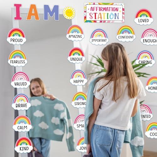 Frienda Rainbow Affirmation Station Bulletin Board Set Motivational Posters Classroom Mirror Growth Mindset Decor Positive Affirmations Accents Cutouts for School Office Home Teacher Wall Supply