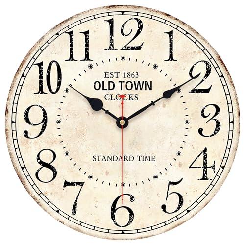 14in Antique Vintage Round Wall Clock Silent Old Town Farmhouse Home Decor