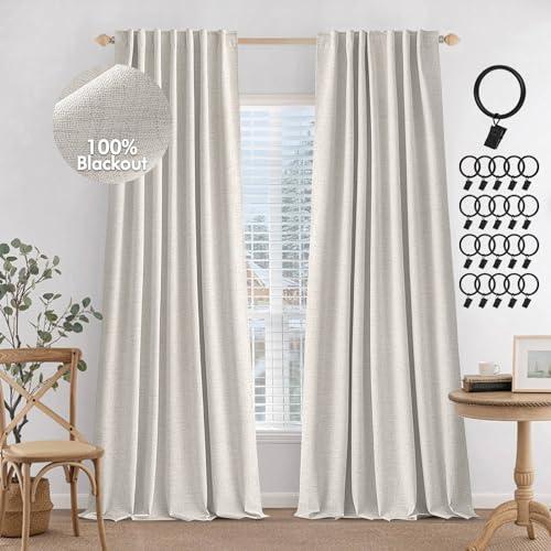 Beige , 2 Panels MIULEE 100% Blackout Curtains 90 inches Long Linen Curtains & Drapes for Bedroom Back Tab Living Room Darkening Full Black Out Window Curtain Panels Rod Pocket, Beige, 2 Panels Set