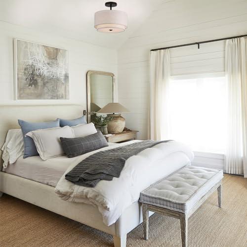 12.6inch Flush Mount Ceiling Light Fixture,3-Light Modern Close to Ceiling Light with 2-Layer Linen Fabric Shade,Farmhouse Drum Ceiling Mount Lamp for Bedroom Hallway Living Room
