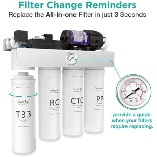 SimPure T1-400UV Tankless Reverse Osmosis System with UV, NSF/ANSI 58 Certified, Under Sink RO Water Filter System 400 GPD, 8 Stage Filtration Near 0 TDS, Built-in Pump, BPA Free, 1.5:1 Pure to Drain