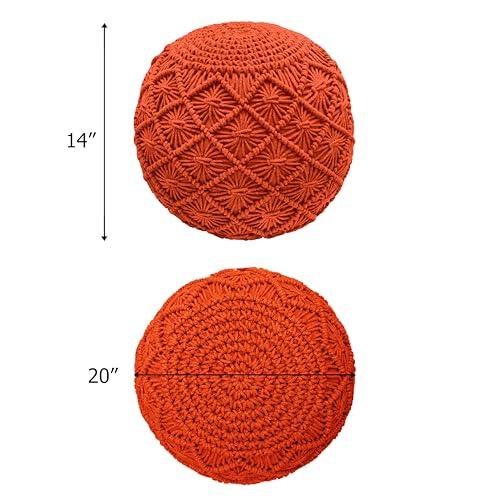 Orange 20x14 COTTON CRAFT Macrame Braided Pouf - Knitted Cotton Cord Comfortable Round Dori Pouf - Prefilled Ottoman Footrest Bean Bag - Stuffed Boho Moroccan Accent Seating - Nursery Bedroom Dorm - 20x14 - Orange
