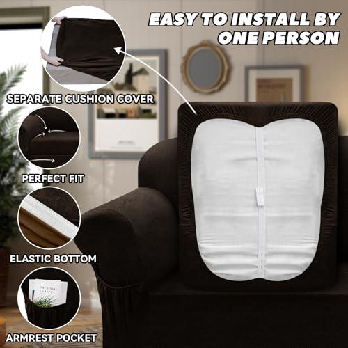 Chair Slipcover with Armrest Pockets 2-Piece Set, Stretch Faux Leather Chair Cover for Armchairs(Fits 31-45) - Non-Slip, Machine Washable, Pet & Kid Friendly - Dark Brown
