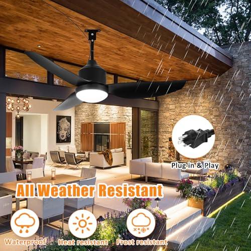 Depuley Outdoor Ceiling Fan with Light: 42 Inch Black Waterproof Gazebo Fans with Lights Outdoor Hanging - Plug in Remote App Control for Patio Indoor Farmhouse Porch - 6 Speed Reversible DC Motor