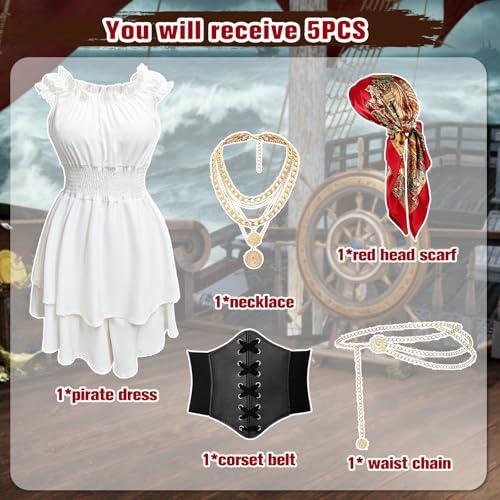 GYQMBT 5PCS Women 2XL Pirate Costume,Renaissance Romper Style Dress with Pirate Bandana Corset Accessories for Halloween Cosplay.