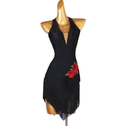 Size S ...Women's V Neck Latin Dance Performance Dresses Backless Ballroom Dress Fringe Salsa Dancing Dress Latin