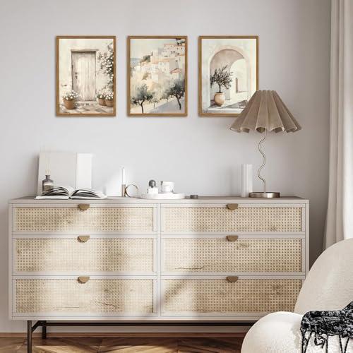 Framed Vintage Italian Wall Art Set of 3, Rustic Neutral Olive Tree Pictures Wall Decor, Mediterranean Farmhouse Landscape Paintings Canvas Prints Country Home Decor for Living Room Bedroom 16x24 inch