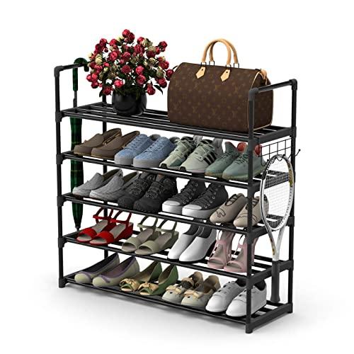 5 Tiers Metal Shoe Rack,Adjustable Shoe Shelf Storage Organizer with Hooks,Stackable Boot & Shoe Storage,for Entryway,Hallway,Closet,Black