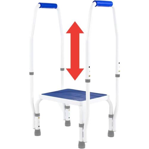 AdjustaStep(tm) DoubleSafe Deluxe Step Stool/Footstool with Dual Handle/Handrail, Height Adjustable. Modern White/Blue Design. Padded Non-Slip Hand Grips