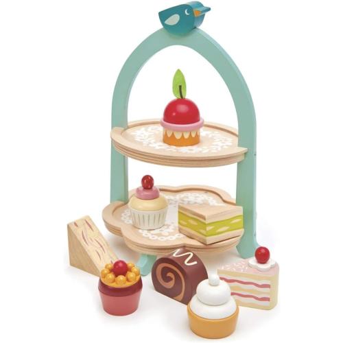 Tender Leaf Toys - Mini Chef Birdie Afternoon Tea Stand – Realistic English Sandwich, Cake and Pastry Tower for Pretend Play High-Tea Party - Social, Creative, and Imaginative Role Play - Age 3