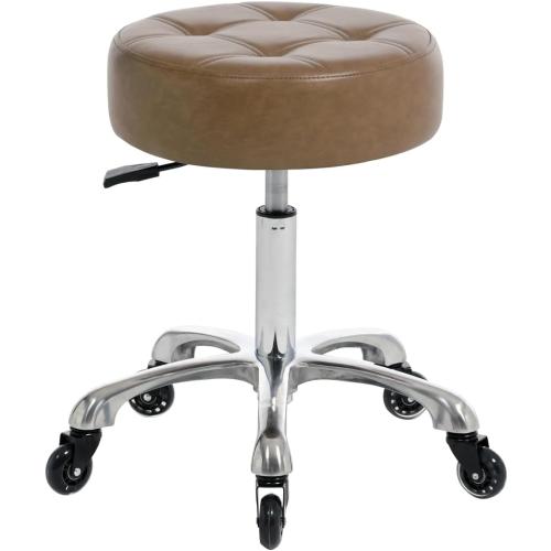 Rolling Salon Stool with Wider Round Seat- Height Adjustable Heavy-Duty Chair with Wheels for Salon Esthetician and Home Office Use, Heather Brown, Ivory