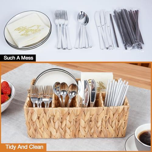 Wicker Silverware Organizer Basket,Hand Woven Kitchen Utensil Holder with Handles,Flatware Storage Caddy for Countertop Dining Picnic Party Table,Natural Cutlery Caddy for Plates,Napkins&Utensils