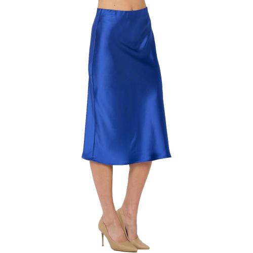 Size S Women Solid High Waist Silky Casual Elastic Satin Midi Skirt -Made in USA (Available in Plus Size)