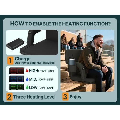 HOPERAN 21 2pcs Dual-Sided Heated Stadium Seats for Bleachers with Back Support, 3 Levels Heating Stadium Seating for Bleachers Seat with Backrest, 5 Pockets Portable Stadium Chair for Outdoor
