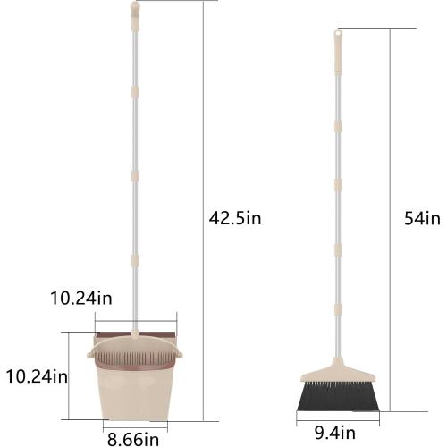 Broom with Dustpan Combo Set 54” Long Handle Household Dust Pan for Home Cleaning （Beige）