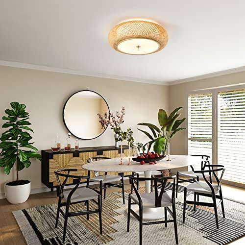 Bamboo Flush Mount Ceiling Light Handwoven Rattan Light Fixture, 3 Lights Boho Ceiling Lamp for Bedroom, Entryway, Foyer (15-inch)
