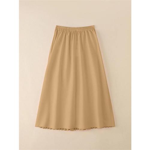 Size S Women Elastic Waist Office Skirt High Waist Solid Pleated Midi Length A-Line Professional Wear