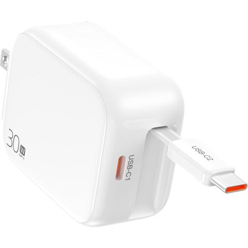 2-in-1 Retractable Wall Charger Plug with USB C Port and 27in/70cm Type C Cable,Travel Essentials 30W Fast Charging Foldable Block for iPhone 17/16/15,iPad,Galaxy,Pixel-White