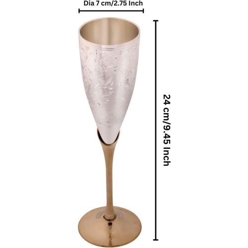 Pure Brass Silver Coated Champagne Glass Set of 2 - Encarved Goblet Champagne Flutes Glasses Comes with Valvet Blue Gift Box - Ideal for Wine Baverage Juice & More 100ml