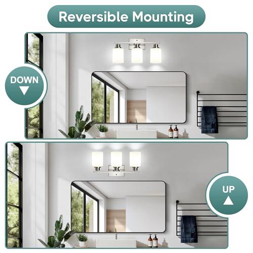 Ascher Bathroom Light Fixtures, 3-Light Vanity Light Over Mirror, Brushed Nickel Wall Sconces with Milky White Frosted Glass Shades, Wall Lamp for Living Room Bedroom, E26 Base(Bulbs Not Included)