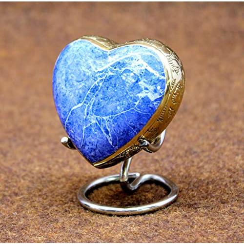 eSplanade Brass Mini Cremation Urn Heart-Shaped Keepsake Memorial Jar Pot Container | Small Urn for Funeral Ashes Burial | Stone Textured Keepsake with Stand | Blue - 2.75 Inches