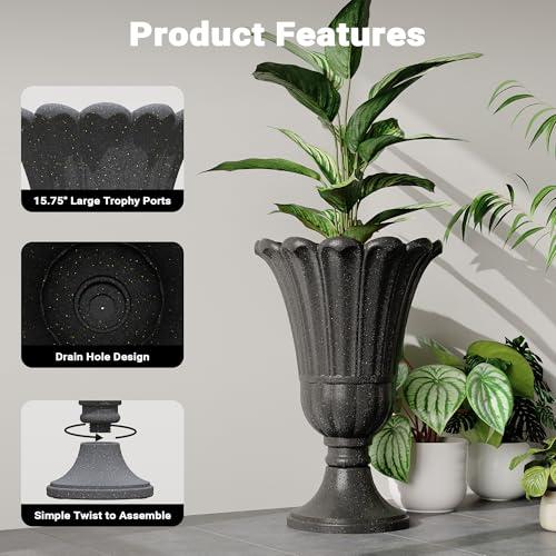 24 Tall Urn Planters Set of 2, Black Outdoor Planter for Porch | HDPE Resin Weather-Resistant Large Planters with Drainage Holes, Lightweight Vintage Petal Design for Patio, Porch, Garden