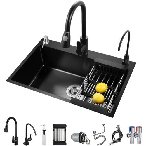 ARTLINE Black Kitchen Sink, Stainless Steel Single Bowl Sink, Drop In/Topmount Workstation Sink with Sliding Accessories, Farmhouse Workstation sink with Multiple Accessories (19.7 x 17.7in), RXZE031