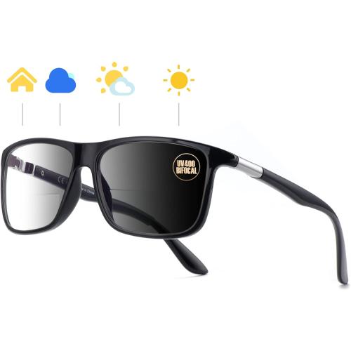 Missfive Photochromic Bifocal Reading Glasses Men Blue Light Protection, Designer Transition Retro Computer Readers Far and Near Dual-Use Lens Stylish Vintage Eyeglasses Glossy Black Eyewear, 1.5x