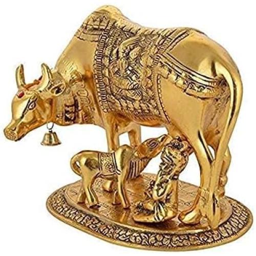Brass Cow with Calf and Krishna Idol Showpiece in Brass for Home Decor | Gift Item | Pack of 1 (Golden)