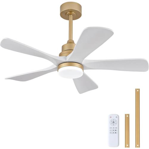 BOJUE 42 Inch Ceiling Fans with Lights and Remote Control, White Gold Ceiling Fan with Light for Bedroom, Noiseless DC Motor, Dimmable Led 5 Solid Wood Blades