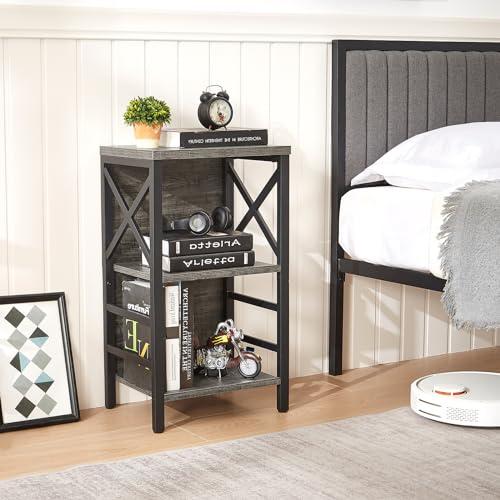 Black L15.7* W11.8 * H27.6  Small Bookcase,3 Tier Industrial Bookshelf with Metal Frame and Backboard,Low Grey Book Shelf,Book case for Small Spaces,Living Room,Bedroom and Home Office