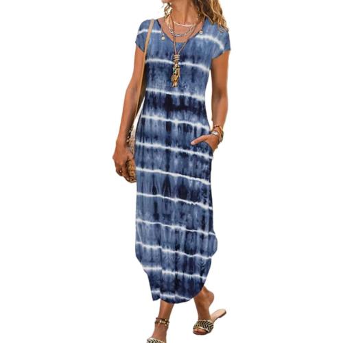 AHAIJ Women Summer Casual Maxi Dress Floral Printed Loose Pockets Short Sleeve Split Boho Dresses