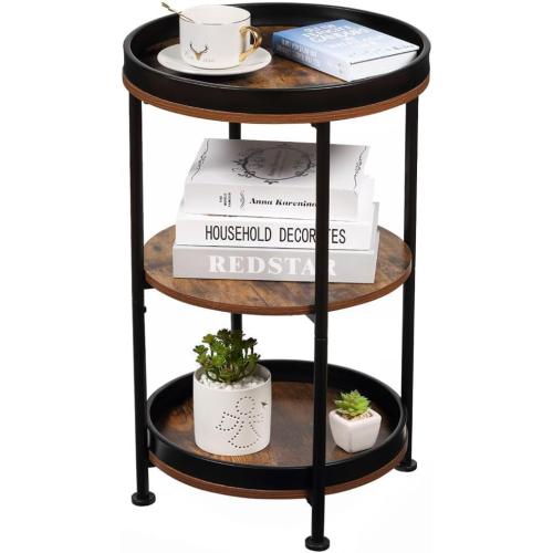 Dulcii Side Table, Round End Table with 3 Storage Shelves for Living Room, Bedroom, Nightstand with Steel Frame for Small Spaces, Industrial Round Sofa Table, Outdoor Accent Coffee Table, Rustic Brown