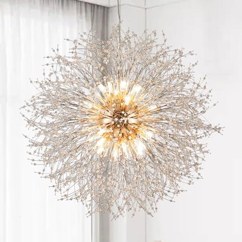 24-Light Farmhouse Crystal Chandeliers, Large Gold Beaded Lamp, Modern Firework Pendant Lighting, Sputnik Dandelion Hanging Lights for Living Room Bedroom Dining Room (Gold, D39.3inch)