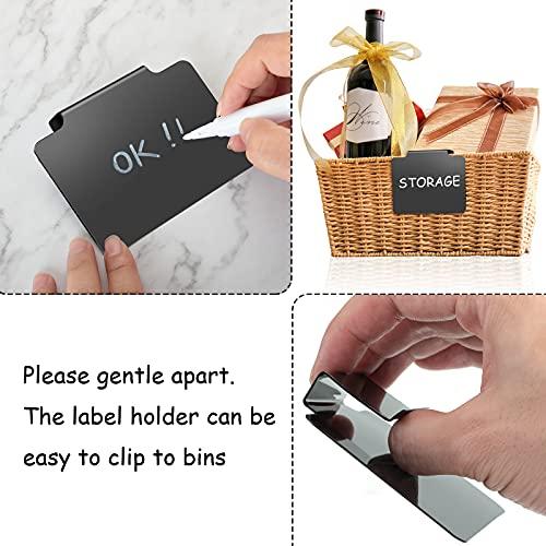32 Pieces Basket Labels Clip Set, Include 30 Pieces Kitchen Clip Label Holder Removable PVC Bin with 2 Pieces Chalk Marker for Basket Pantry Organization Box (Black Label Clip, White Pen)