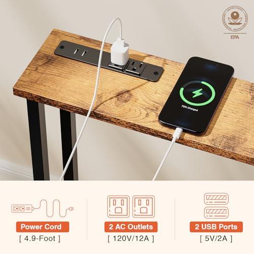 70 Narrow Console Sofa Table - 2 Power Outlets & 4 USB Ports, Metal Frame, Rustic Brown, Perfect for Hallway, Office, and Behind Sofa - Easy Assembly, 4.9' Extension Cord Included