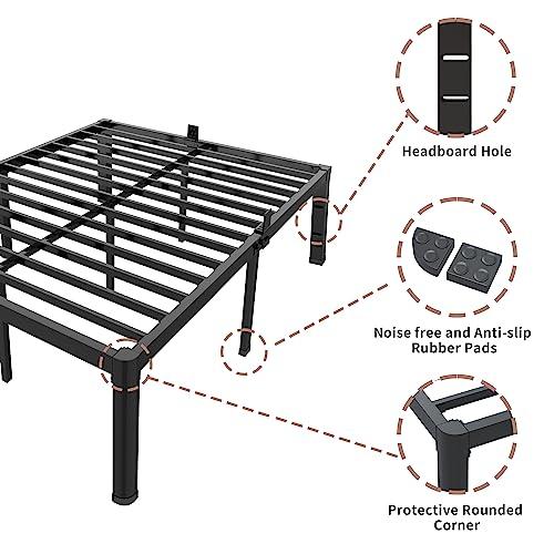 14 inch Full Size Bed Frame with Headboard Hole and Round Corner Legs Mattress Retainers 3500LBS Heavy Duty Steel Slats No Box Spring Needed Platform Noise-Free Underneath Storage