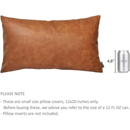 Size 12x20 Color Brown Set of 2 Thick Faux Leather Lumbar Throw Pillow Covers 12x20, Modern Farmhouse Boho Small Long Accent Scandinavian Decor Rectangle Decorative Cushion Cases for Couch Bed Sofa Cognac Brown