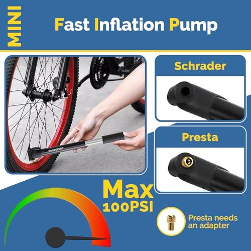 Mini Bike Pump 100 PSI with Flexible Hose, Fits Presta & Schrader Valves