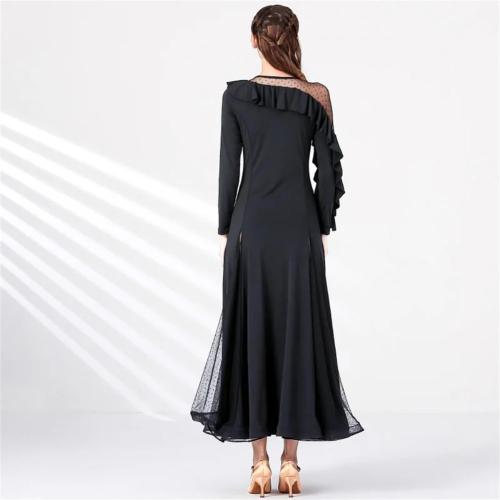 Small Lotus Leaf Sleeve Polka Dot Stitching Ballroom Dance Dress for Women Waltz Dress Rumba Ball Gown