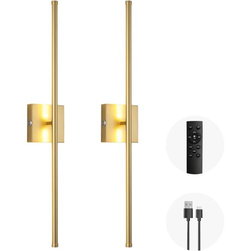 LED Wireless Wall Sconce with Remote Control (Set of Two), USB Rechargeable Battery Powered Indoor Wall Lamps, Dimmable, 360° Rotate,Timing, 28.3 inch Gold Wall Lights for Hallway/Living Room/Bedroom ( one lamp is folded And it doesn’t work properly, look