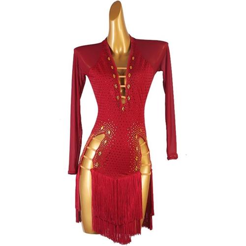 Size M Fringe Latin Dance Dresses for Women Competition Cha Cha Tango Costume Long Sleeve Ballroom Performance Dancewear