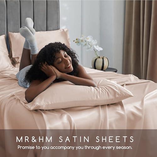 MR&HM Satin Bed Sheets, Full Size Sheets Set, 6 Pcs Silky Bedding Set with 15 Inches Deep Pocket for Mattress (Full, Champagne)